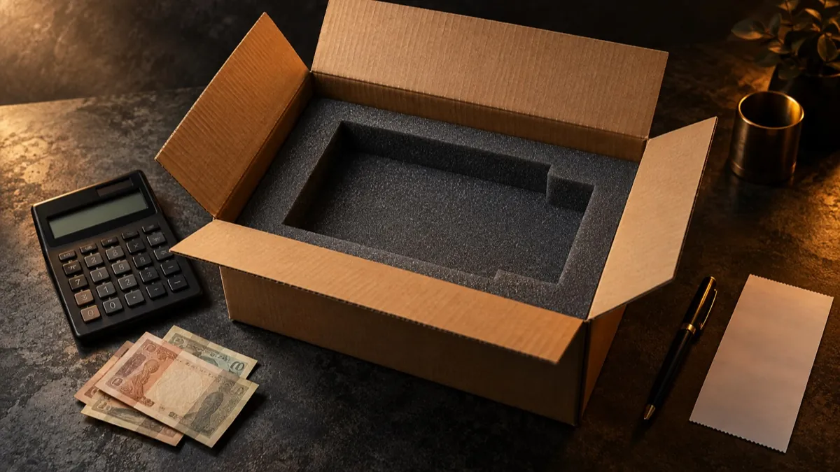 Open shipping carton with foam, a calculator, pen and blank receipt on a dark slate table