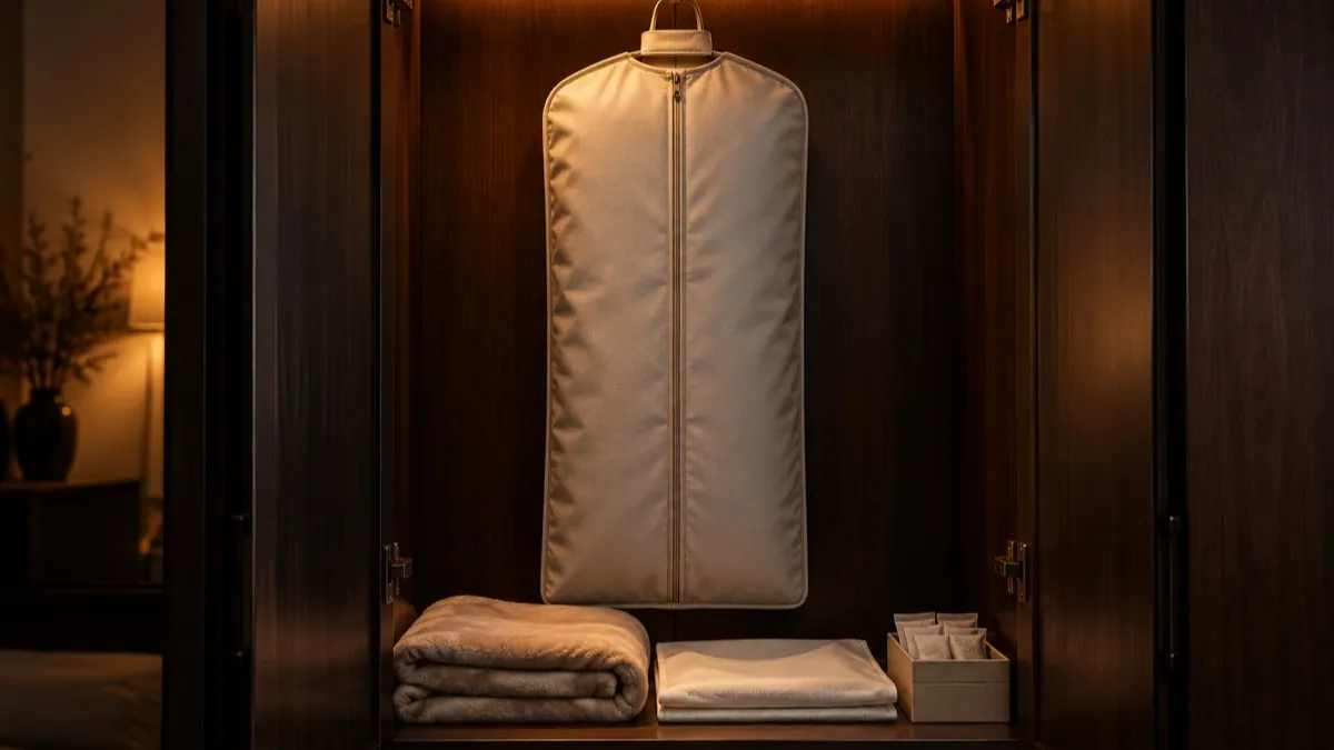 Padded storage bag hanging from a sturdy hook inside a dark wooden wardrobe