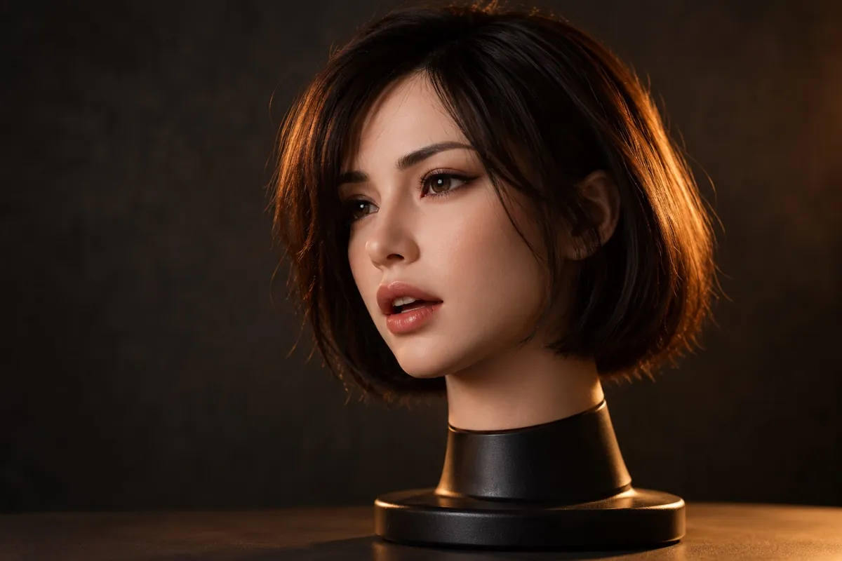 Silicone doll head with a dark bob wig on a black neck stand, three-quarter view