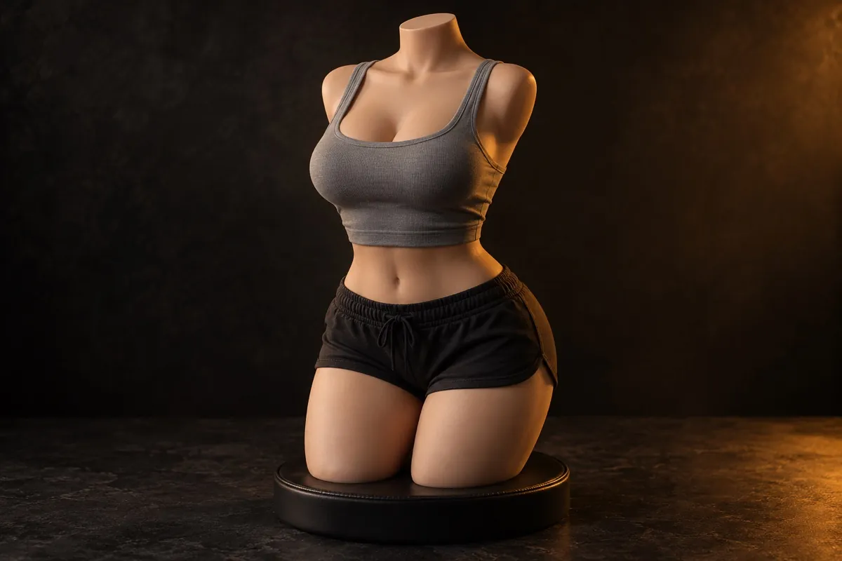 Headless silicone torso in a grey crop top and black shorts on a round black stand