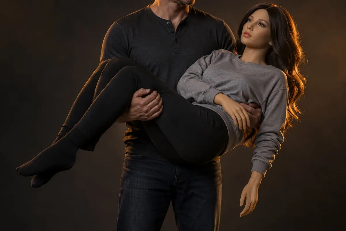 Eine Person trägt mühelos eine lebensgroße Puppe in grauem Sweatshirt
